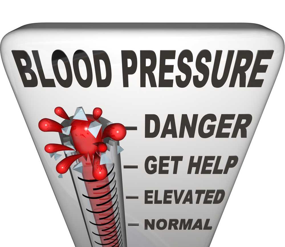 Blood Pressure words on a thermometer measuring your hypertension, with level rising past normal, elevated and danger to burst at maximum point